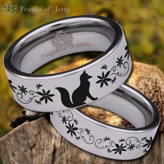 Fox and Flowers Tungsten Carbide Ring