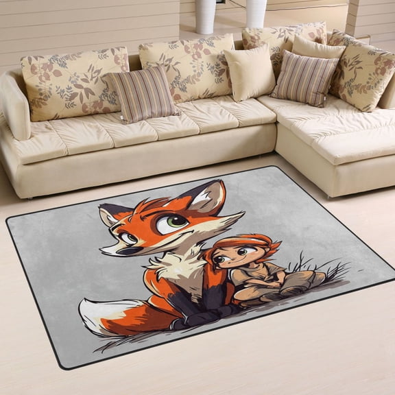 Fox and Girl Soft Polyester Area Rug 60''x39'', Non Slip, Memory Foam, Water Absorbent