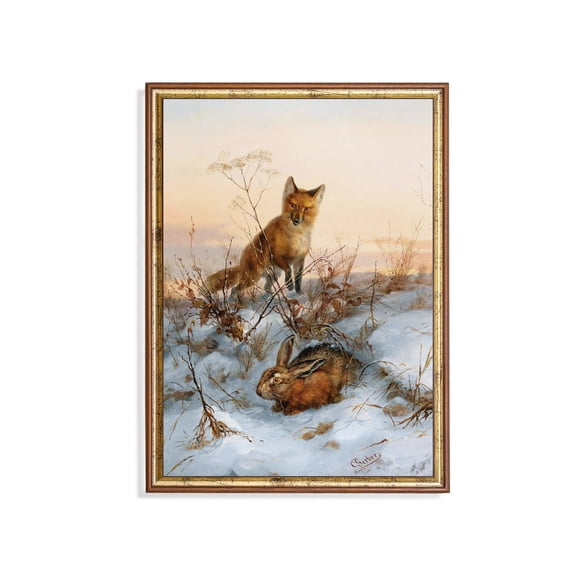 Fox and Hare Winter Wildlife Rustic Vintage Poster Unframed Paper Print