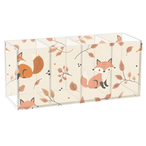 Fox and Leaves Acrylic Pencil Pen Holder Cup 4 Compartments Desktop Organiser 7.87"x2.78"x3.54"