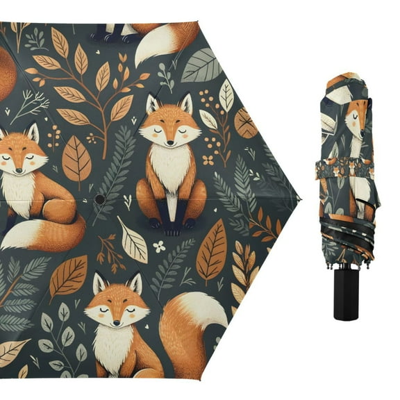 Fox and Leaves Compact Sun Umbrella Windproof Travel Umbrellas for Rain Strong Portable UV Protection