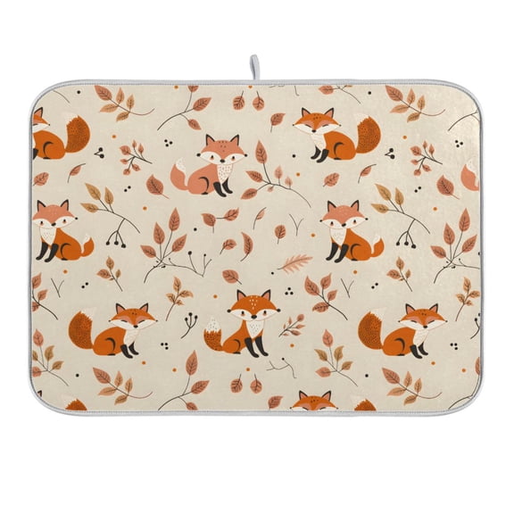 Fox and Leaves Dish Drying Mat 16x18 Absorbent Microfiber Draining Rack Pad for Kitchen Counter Sink