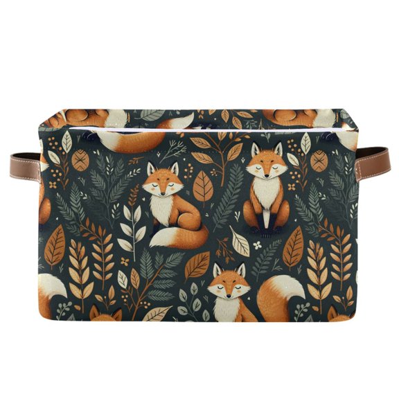 Fox and Leaves Storage Bins with Handle Fabric Organizer Basket Foldable Box 1 Pack 14.2x10.2x8.3