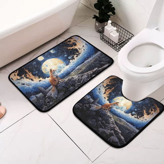 Fox and Moon Stone 2 Pcs Bathroom Rug Non-Slip Bathroom Mats Water Absorption Toilet Carpet Washable Shower Rugs for Bathroom Floor Tub Shower