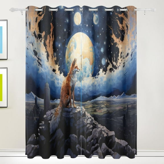 Fox and Moon Stone Black Out Curtains 72 Inch Length Curtains for Sliding Glass Doors Bedroom Living Room 2 Pack
