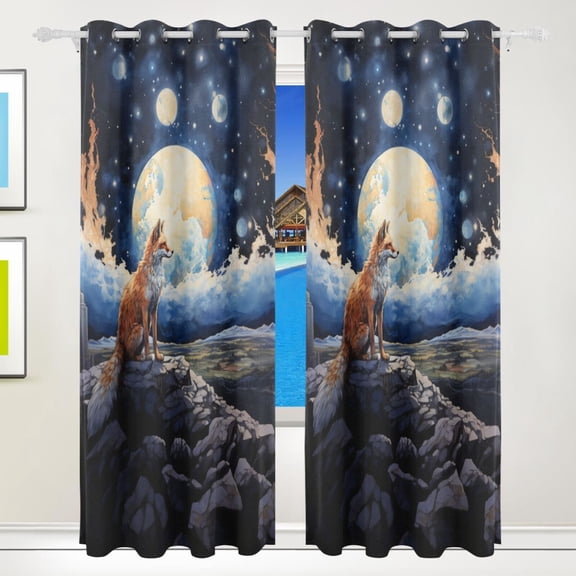 Fox and Moon Stone Black Out Curtains 84 Inch Length for Bedroom Living Room Windows 2 Panels Set