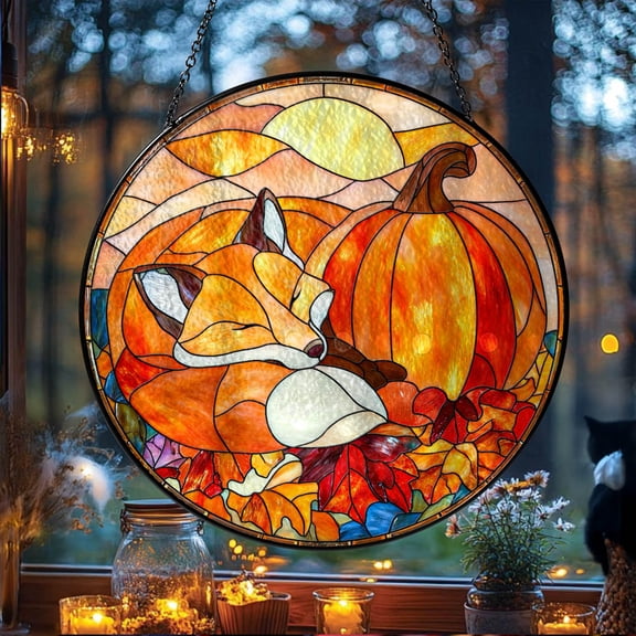 Fox and Pumpkin Patch Autumn Wildlife Suncatcher Stained Glass Decor