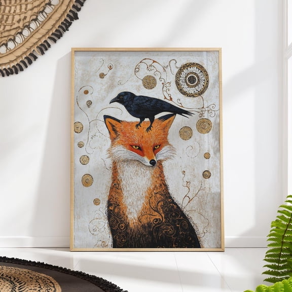 Fox and Raven Art Klimt Inspired Fable Animal Wall Decoration, Stretched Canvas 12x16in