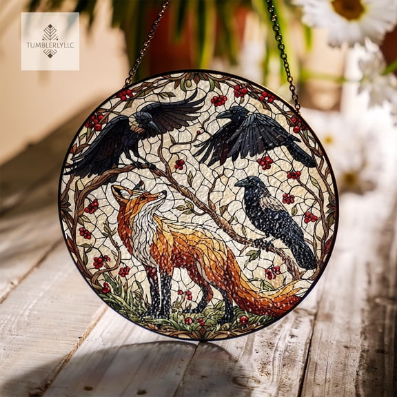 Fox and Raven Glass Suncatcher, Gothic Woodland Animal Glass Decor, Dark Forest Nature Window Hanging Gift for Home