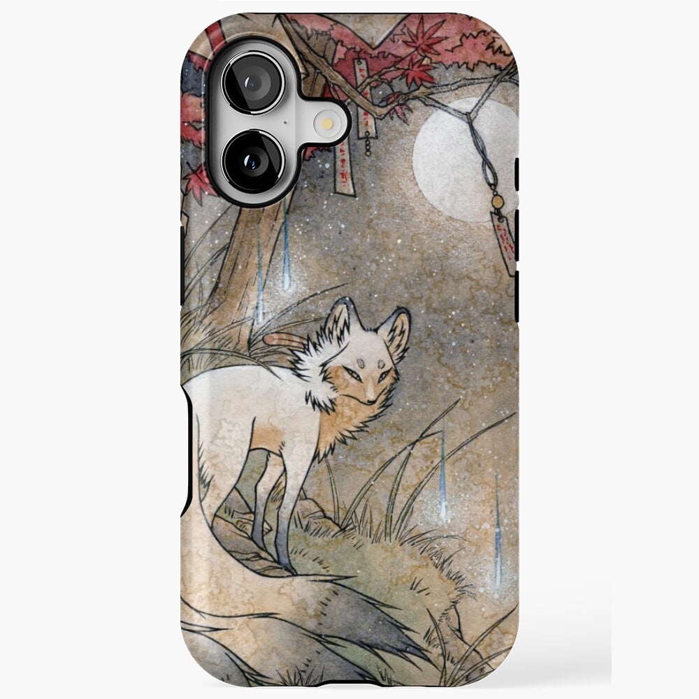 Fox and Wisps Under the Moon and Maple Leaves Japanese Kitsune Spirit ...