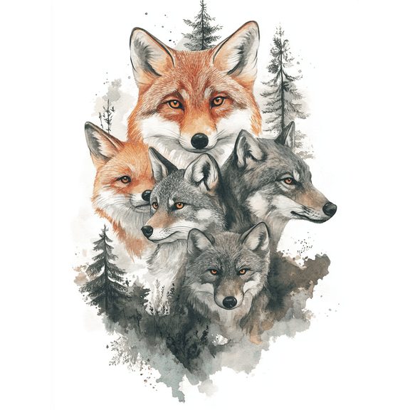 Fox and Wolves Watercolor Painting Canvas Art Suitable for Living Room Bedroom Office Hallway and Bathroom Decoration.