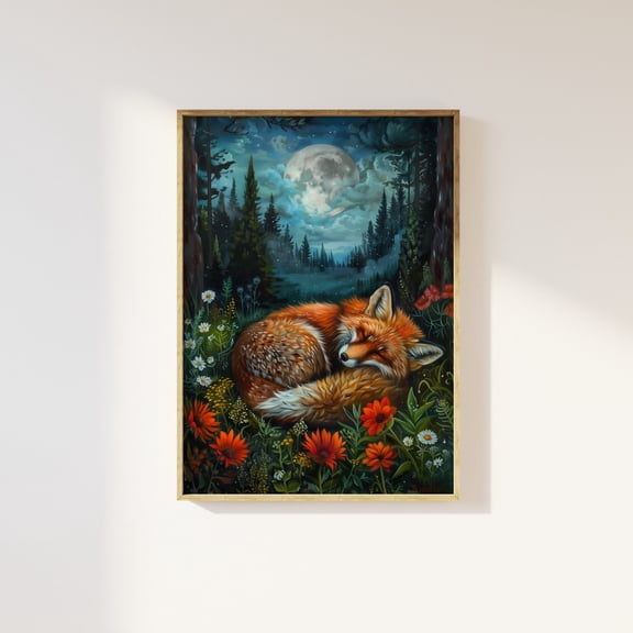 Fox asleep under the full moon art print | celestial woodland art, moon and flowers, wildflowers nature fox art, sleeping fox cub, enchanted