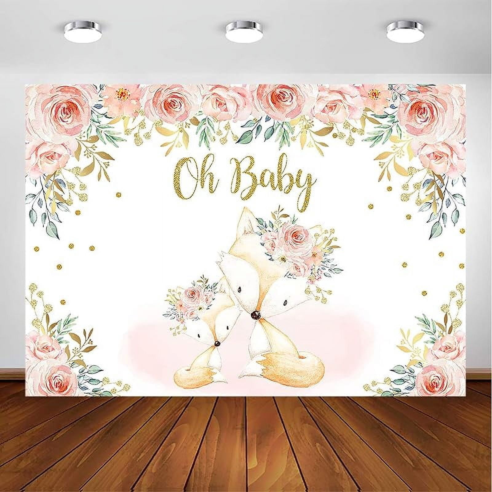 Red Floral And Fox Round Baby Shower Backdrop