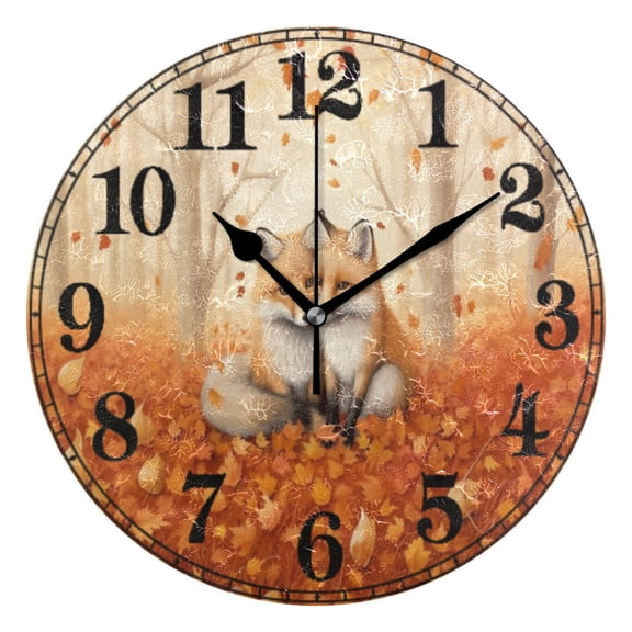 Fox in Forest Autumn Leaves 10" Silent Wall Clock Non-Ticking Battery Clocks