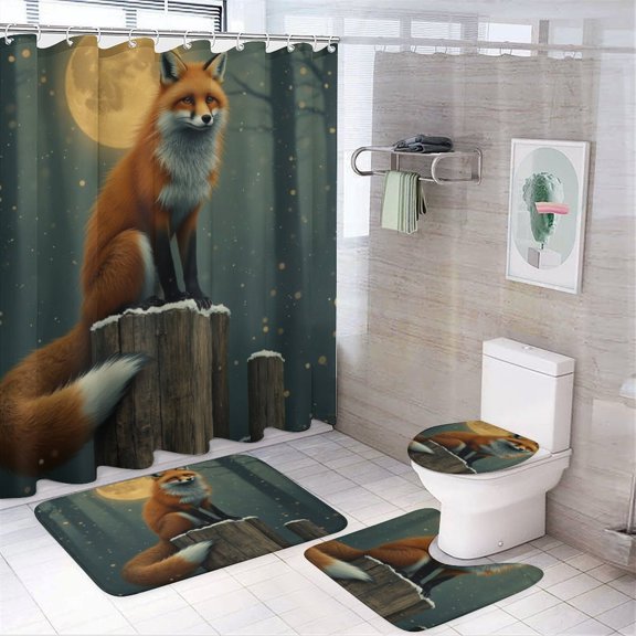 Fox in Moonlit Forest Shower Curtain Waterproof Bathroom Curtain Set with Hooks Home Decor Bathroom Curtains 4pcs