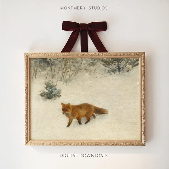 Fox in Snow Wall Art Winter Woodland Animal Print Muted Red Landscape Woods W73, Unframed Paper Print