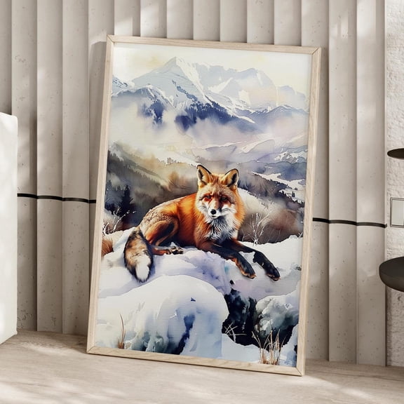 Fox in Snowy Mountains Wall Art, Wildlife Nature Decor, Unframed Paper Print Size 8x12