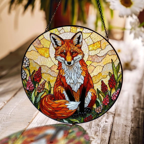 Fox in Wildflower Meadow Glass Suncatcher, Woodland Animal Fan, 7.9 in
