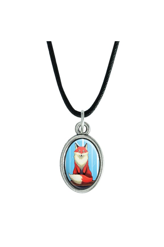 Fox on Tree Stump Antiqued Oval Charm Pendant with Black Satin Cord