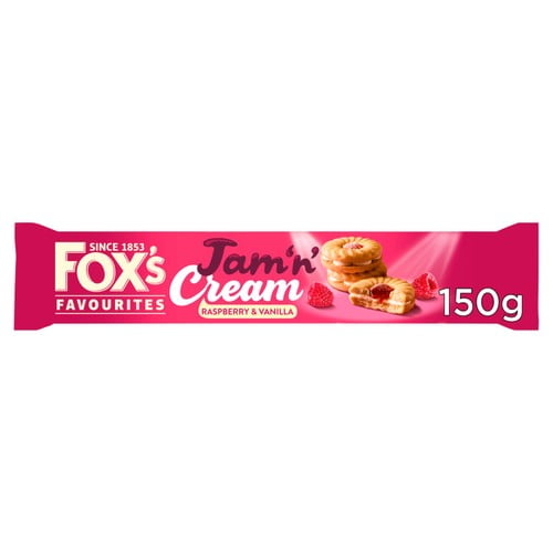 Fox's Biscuits Jam 'n' Cream Raspberry & Vanilla Biscuits 150g, British Import (Pack of 2)