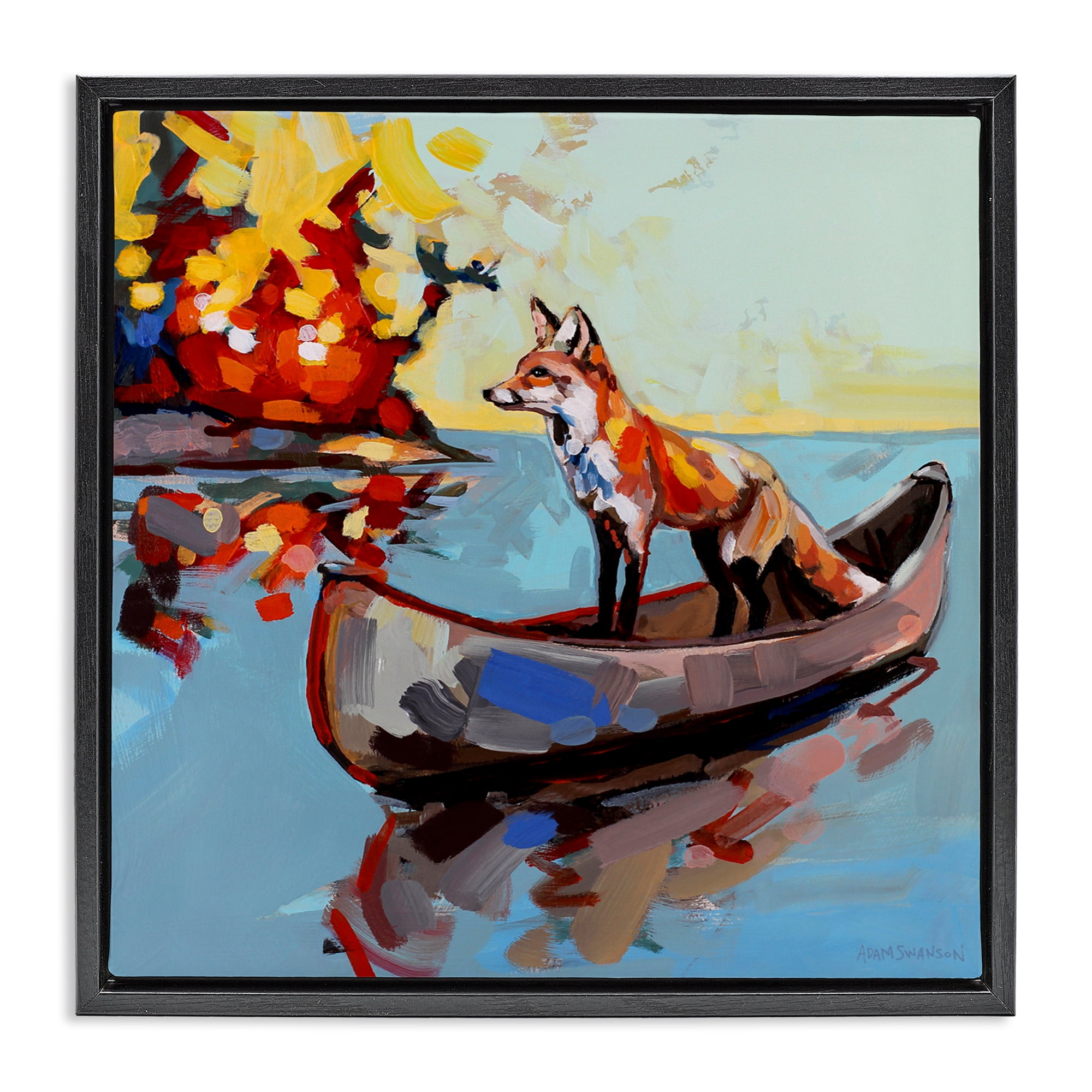 Fox's Voyage on Canoe Black Framed Floater Canvas Wall Art, design by Adam Swanson
