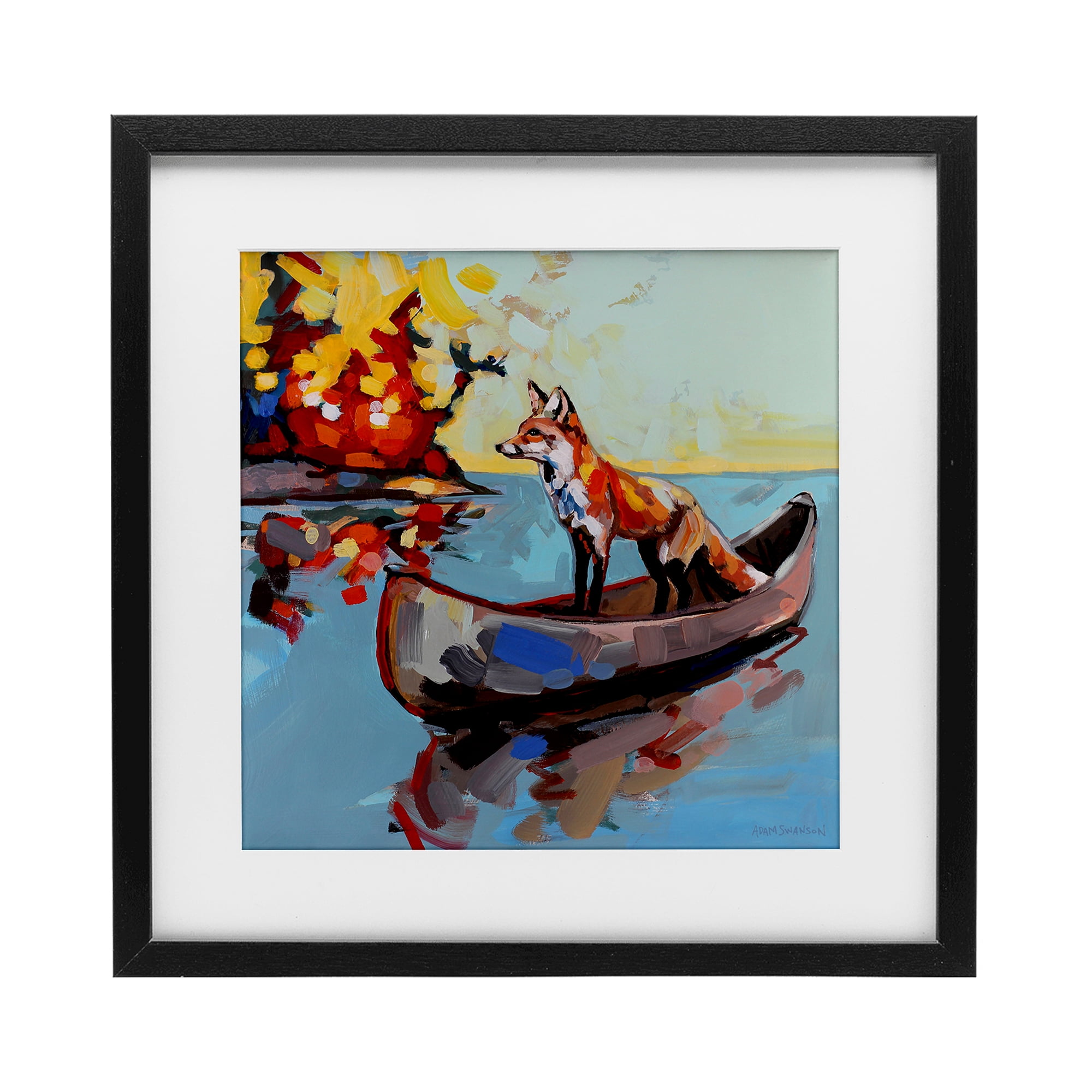 Fox's Voyage on Canoe Black Framed Print Under Glass, design by Adam Swanson