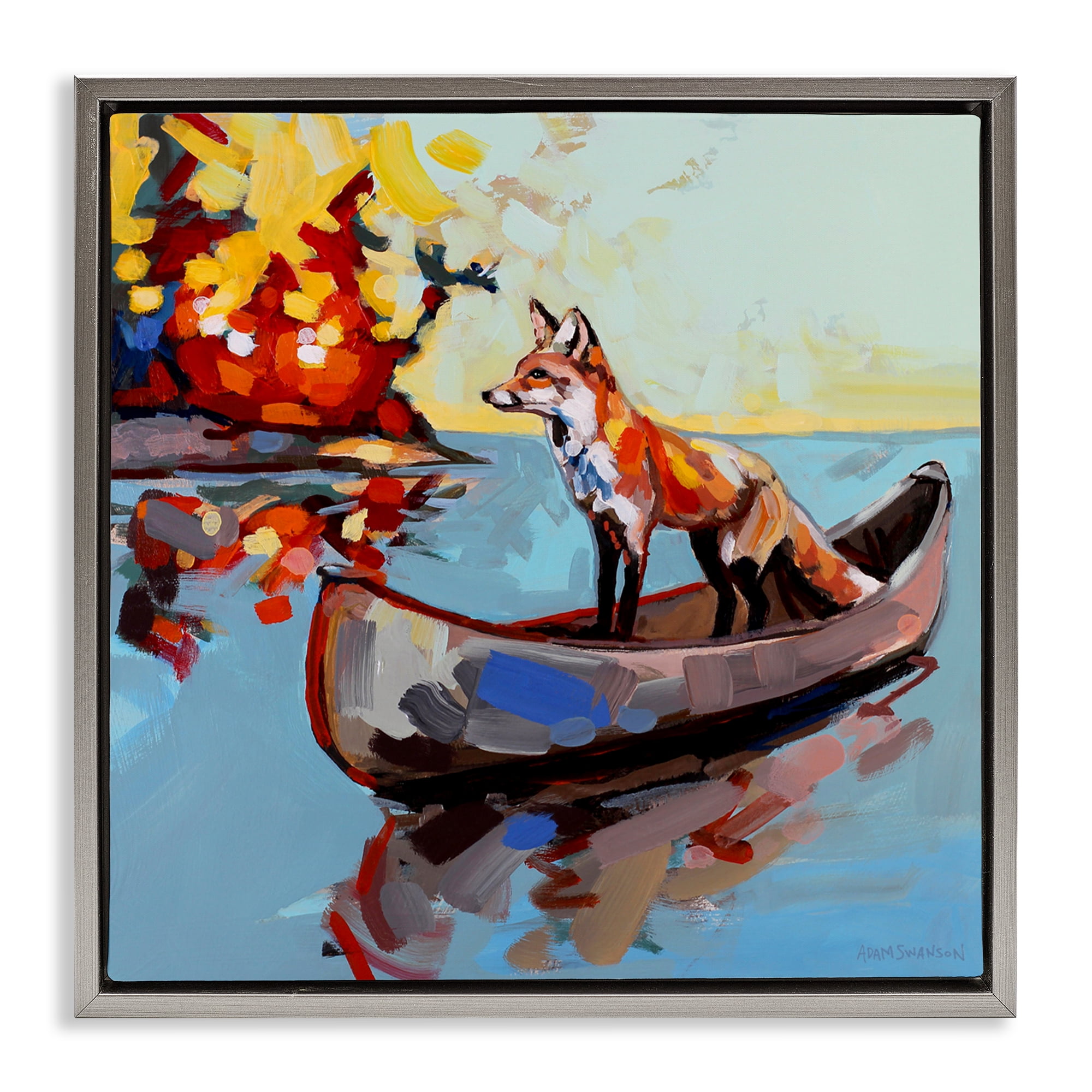 Fox's Voyage on Canoe Gray Framed Floater Canvas Wall Art, design by Adam Swanson