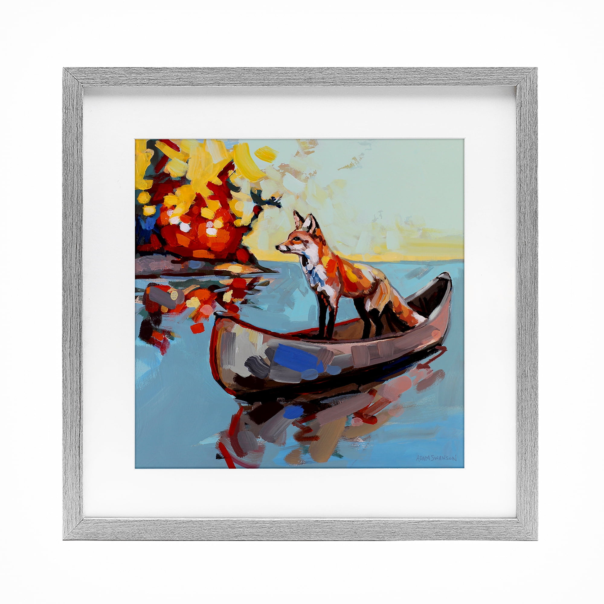 Fox's Voyage on Canoe Gray Framed Print Under Glass, design by Adam Swanson