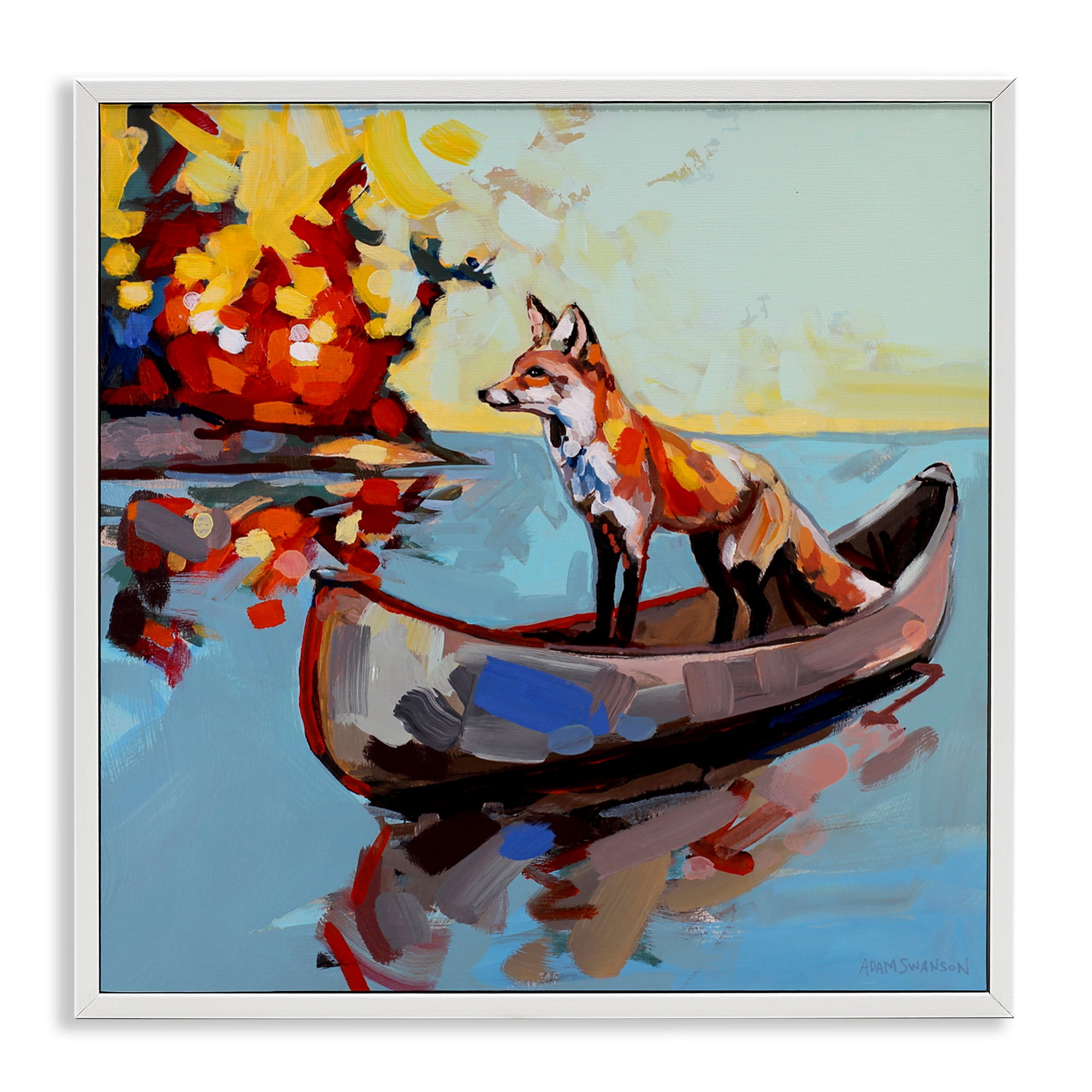 Fox's Voyage on Canoe White Framed Giclee Art, design by Adam Swanson