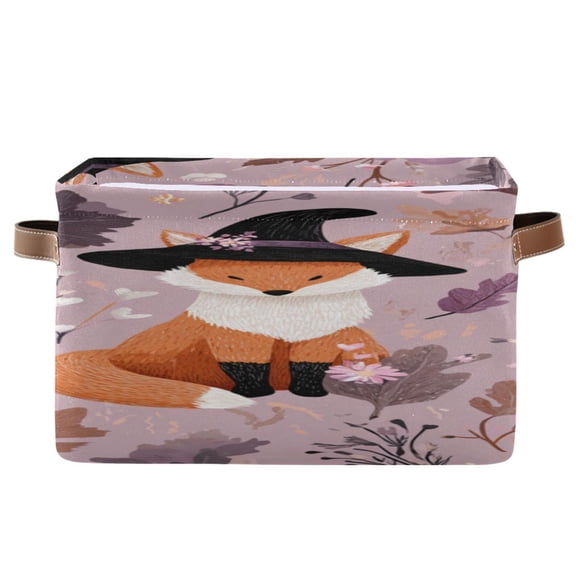 Fox with Witch Hat Purple Jungle Halloween Square Storage Bins with Handles Collapsible Containing Box 1 Pack