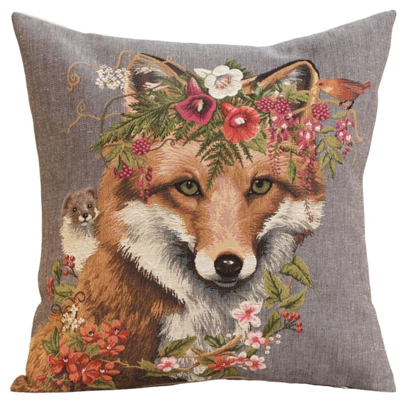Fox with Woodland Flowers, Bird and Mouse Double-Sided Woven Throw Pillow, 17 x 18 in