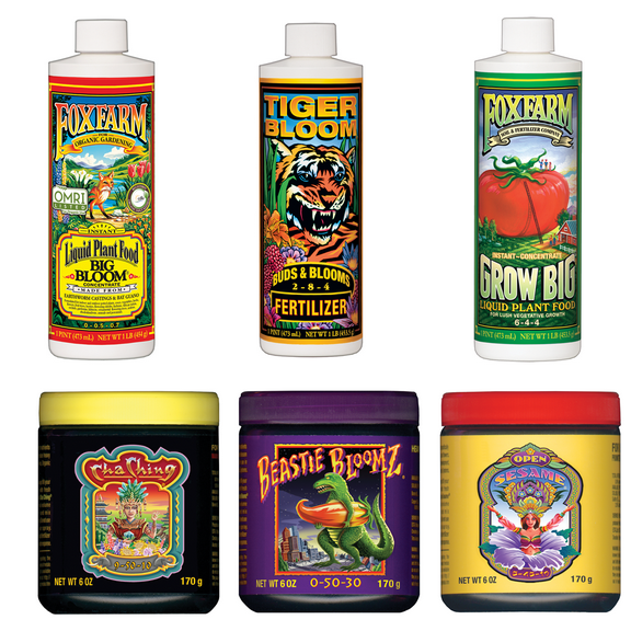 FoxFarm Big Bloom, Grow Big, Tiger Bloom, Cha Ching, Beastie Bloomz, Open Sesame
