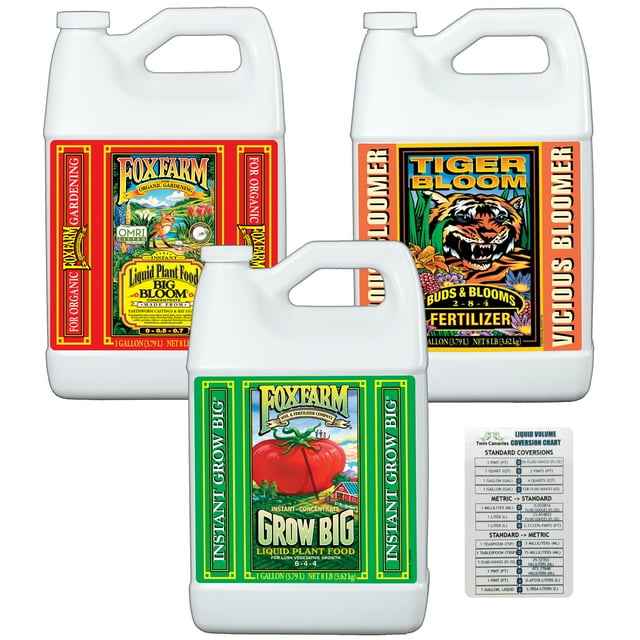 FoxFarm Liquid Nutrient Trio Soil Formula: Big Bloom, Grow Big, Tiger Bloom (Pack of 3 - 1 Gallon) with Twin Canaries Chart
