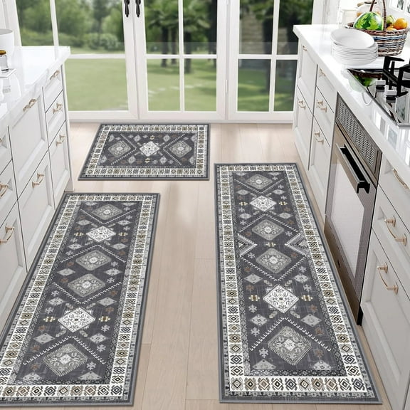 FoxHouse Kitchen Rugs 3 Piece Set,Non Slip Machine Washable Kitchen Mats,Boho Vintage Kitchen Carpet for Home Floor and Living Room,Gray