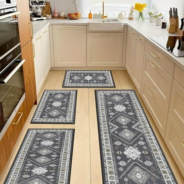 FoxHouse Kitchen Rugs 4 Piece Set,Washable Non Slips Boho Kitchen Floor Mat,Thickness Comfort Standing Mat for Kitchen,Grey