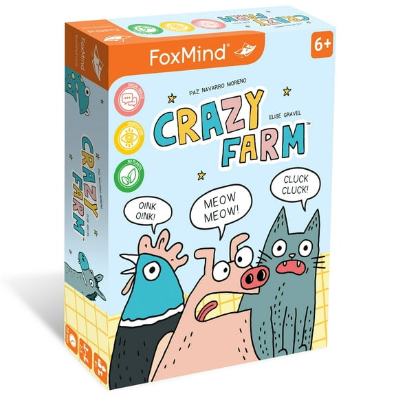 FoxMind: Crazy Farm - An Observation Card Party Game Where You Shout Out Animal Sounds, Illustrated by Elise Gravel, Family & Kids 6+, 2-5 Players