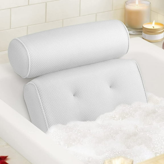 Foxanon Bath Pillow with 6 Non-Slip Suction Cups, Extra Thick and Soft Air Mesh, Polyester Monofilament, 15x14 in White
