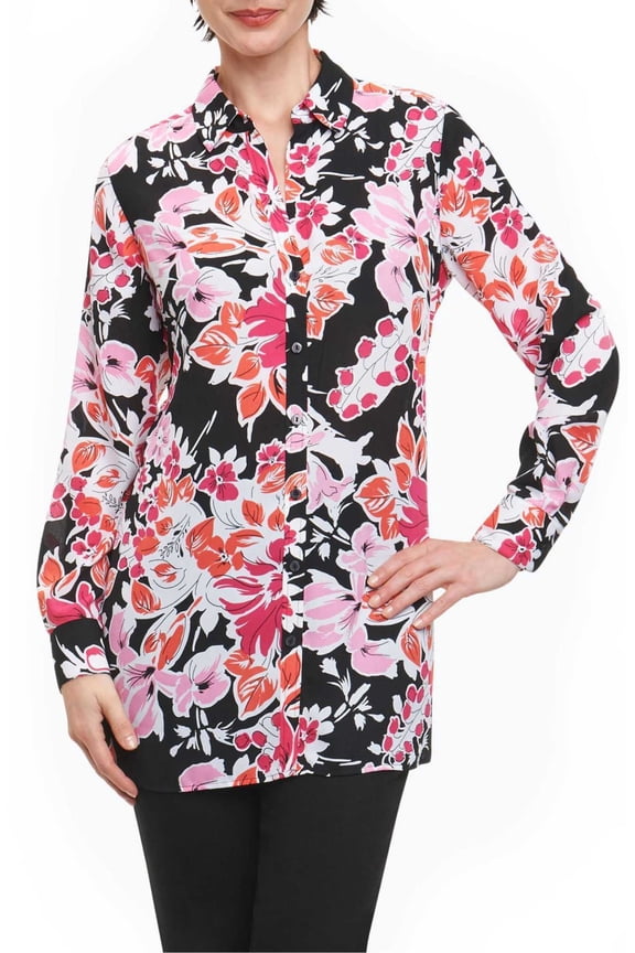 Women’s Jade Blooming Floral Tunic Shirts, Red Flower, 10AV/MD/RG