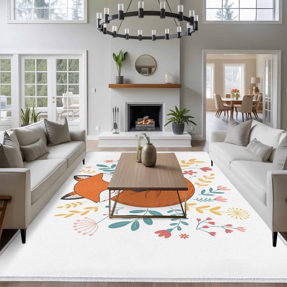 Foxes Animals 8x10 Area Rug for Living Room Sectional Sofa, Red Pink Flowers Leaf Cartoon Plant Floral Washable Non Slip Large Rectangle Area Rug
