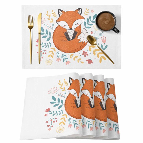 Foxes Animals Placemats Set of 6 Red Pink Flowers Leaf Cartoon Plant Floral Heat Insulation Washable Place Mats, Non-Slip Table Mats for Dining Table Party Kitchen Decor,13x19 Inch