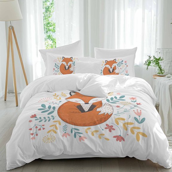 Foxes Animals Queen Size Comforter Set, Red Pink Flowers Leaf Cartoon Plant Floral Bedding for All Seasons, 4 Pcs Bed Set, 1Quiltcover (90"x92") ,1Sheet(94"x116"), 2Pillowcases (30"x20")