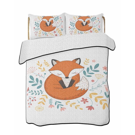 Foxes Animals Quilts Bedding Set King Size Red Pink Flowers Leaf Cartoon Plant Floral Lightweight Quilted Bedspread 3 Piece Bed Quilt with 2 Pillow Shams All Season for Bedroom 90" x 96"