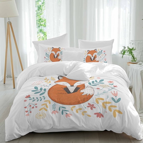 Foxes Animals Twin Size Comforter Set, Red Pink Flowers Leaf Cartoon Plant Floral Bedding for All Seasons, 4 Pcs Bed Set, 1 Quiltcover (68"x86") ,1Sheet(67"x116"), 2Pillowcases (30"x20")