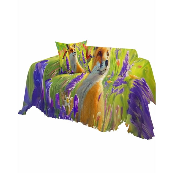 Foxes Birds Sofa Couch Covers for Dog,Washable Sectional Couch Slipcovers for Loveseat with Tassels,Autumn Flower Fall Lavender Flowers Non Slip Sofa Throw Cover Blanket Large 71''x102''