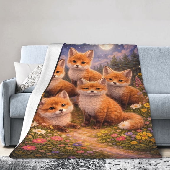 Foxes Blanket Gift for Animal Lovers Foxes Under Starry Night Flower Field Home Decor 50x40