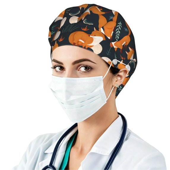 Foxes Bouffant Caps with Button and Sweatband, Adjustable Scrub Caps hat for Women Men