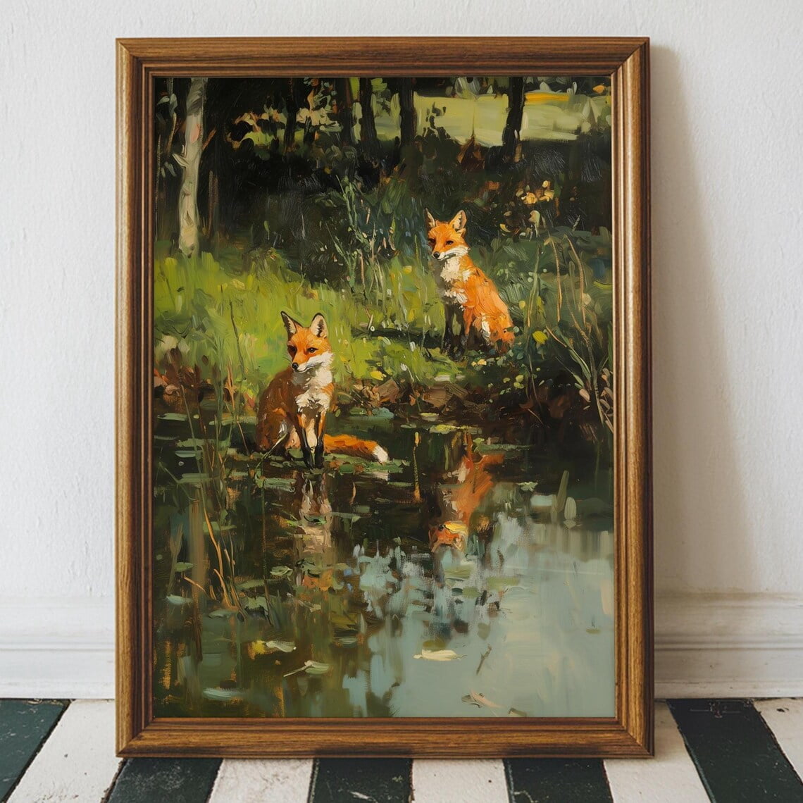 Foxes By Forest Pond Woodland Animal Poster, Rustic Nature Scene ...