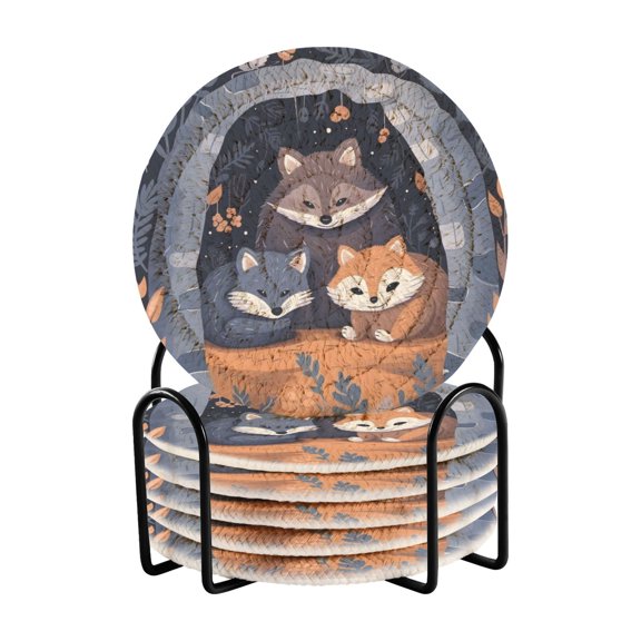 Foxes Cave Leaves 6 Pcs Drink Coasters with Holder Absorbent Coasters Woven Coasters for Drinks Table Desk Protection Home Decor