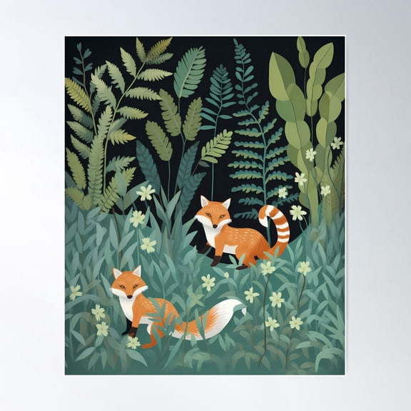 Foxes' Fern Fantasia Poster Wall Art, Modern Wall Decor For Living Room Bedroom, 12x18 UNFRAMED