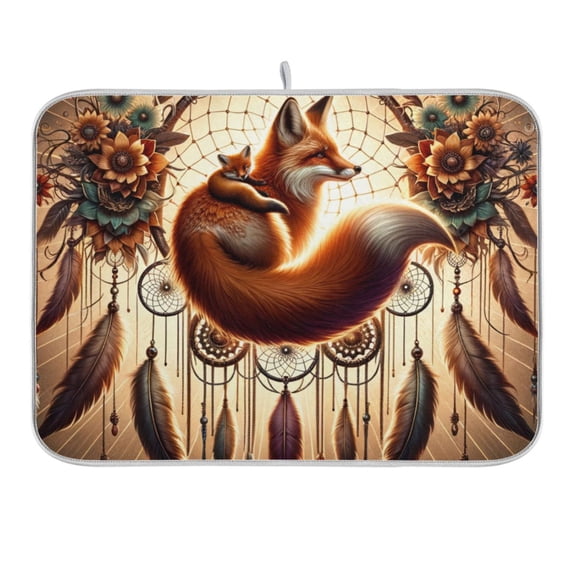 Foxes Flower Ring Feathers Dish Drying Mat 16x18 Absorbent Microfiber Draining Rack Pad for Kitchen Counter Sink